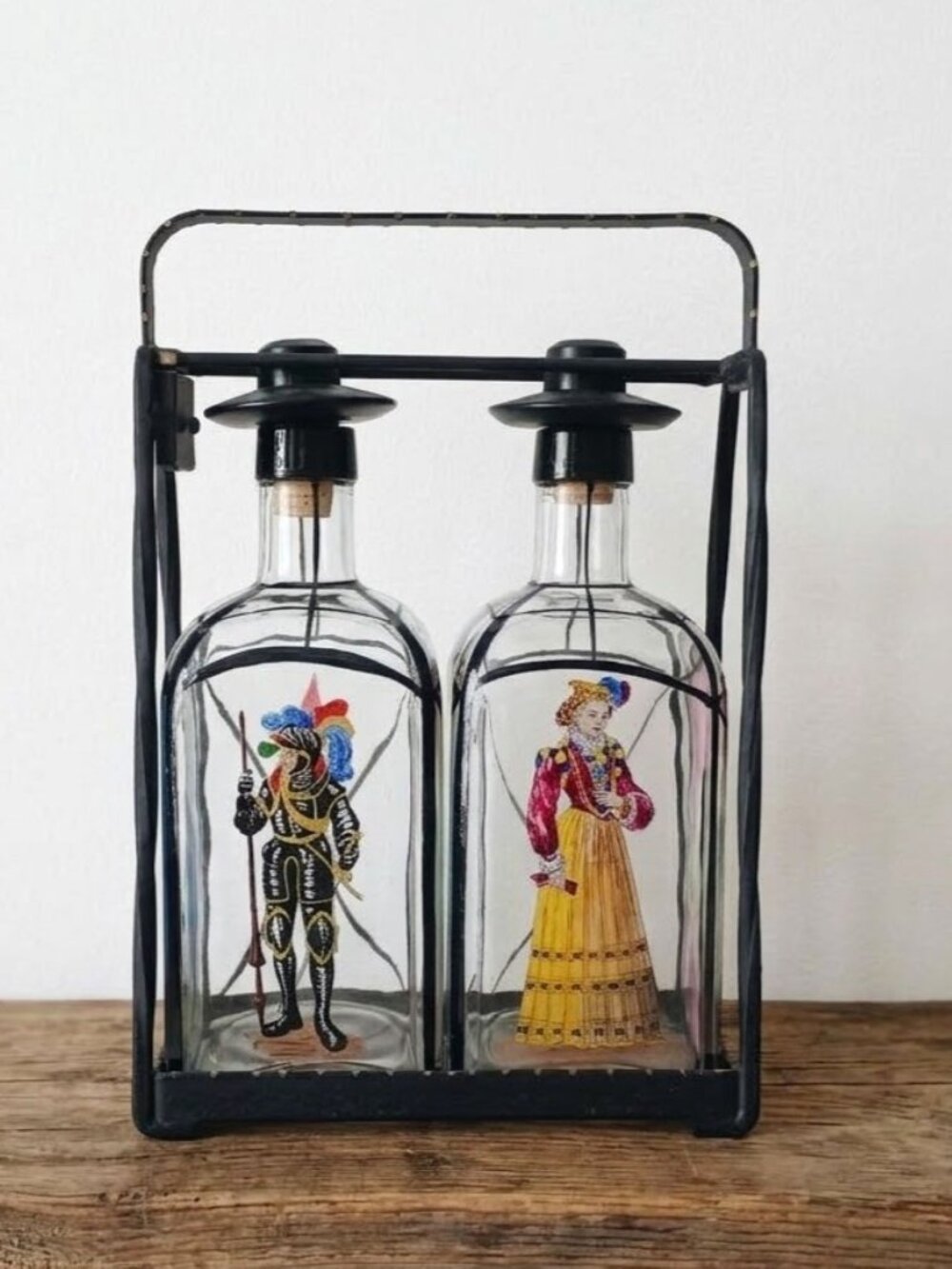 Vintage Medieval Knight & Lady Glass Decanter Set Black Cast Iron Caddy 10.5"